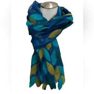 Vibrant Nuno Felted Wool and Silk Blue and Green Leaf Scarf